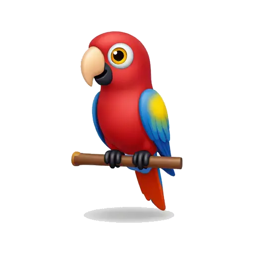 One colorful scarlet parrot perched on a short branch, red body, blue and yellow wings, curved beak, no background.
