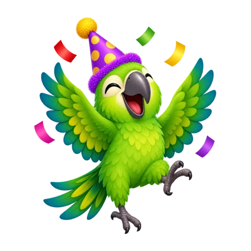 Dancing green party parrot wearing a purple party hat amid confetti