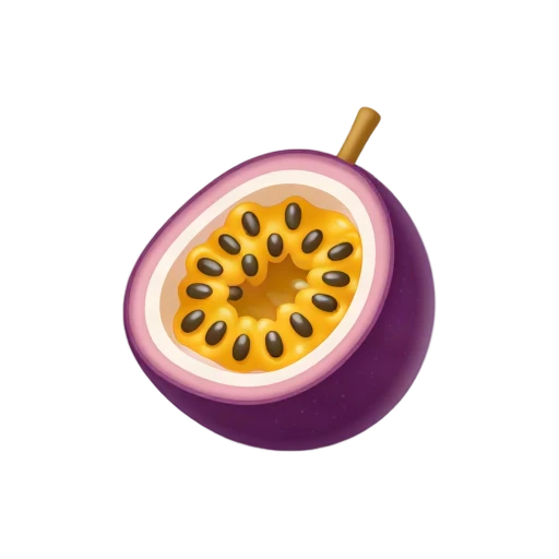 Cut passion fruit showing golden seeded pulp