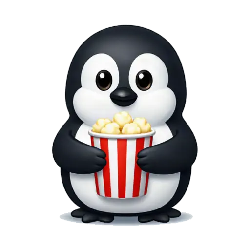 Penguin holding striped popcorn tub