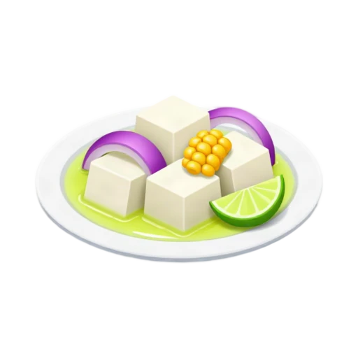 Peruvian ceviche with white fish, red onion, lime, and corn