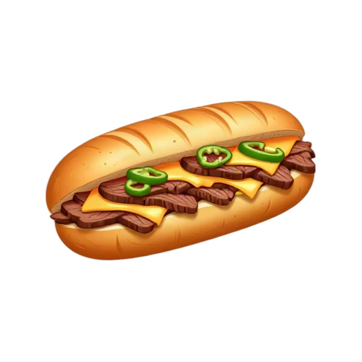 Philadelphia cheesesteak in a toasted hoagie roll with melted cheese and peppers