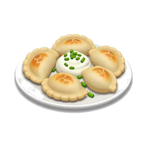 Plate with five buttered pierogi and sour cream