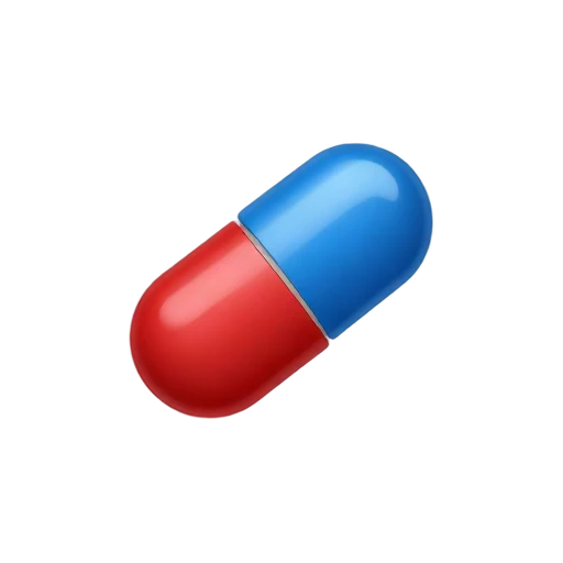 One glossy medicine capsule split evenly red and blue, angled diagonally, clear seam at the center, no bottle, hand, text, shadow, or scenery.