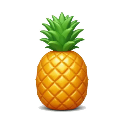 One whole ripe pineapple, golden diamond-textured body, spiky green crown, upright centered shape, no slices or background.