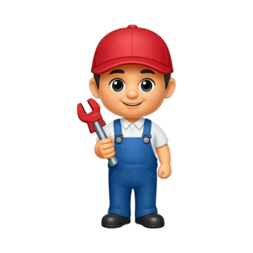 Plumber in blue overalls holding a pipe wrench
