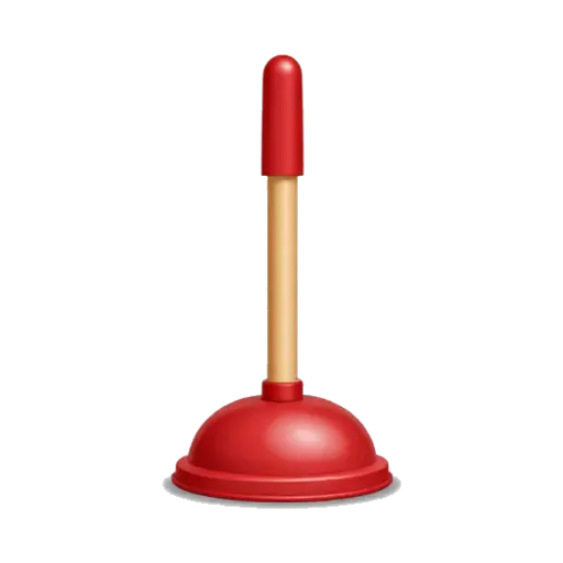 One red rubber toilet plunger with a straight wooden handle, upright centered view, clean rounded suction cup, no toilet or background.