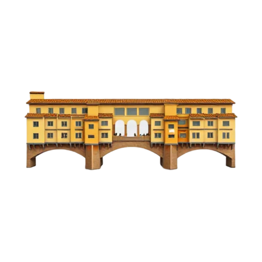 stone bridge across the river and rows of ochre shops, depicting Ponte Vecchio.