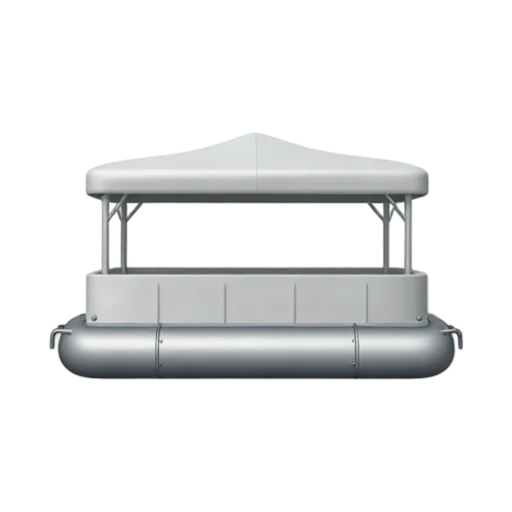 Pontoon Boat with two silver flotation tubes and flat passenger deck