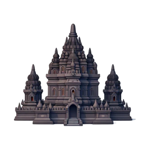 cluster of tall pointed temple spires and dark volcanic stone, depicting Prambanan.