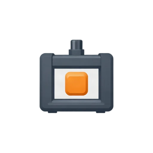 One compact dark gray 3D printer with a small orange cube inside its frame, no text, shadow, or scenery.