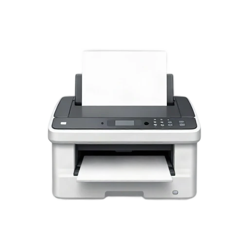 One compact white office printer in front three-quarter view, one blank white sheet emerging from the top tray, dark control panel with no text, no desk, shadow, or scenery.