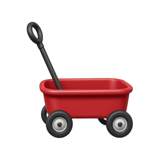 Wagon with low red wagon bed and four small black wheels