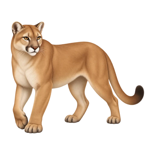 Tawny puma standing with rounded ears and a long black-tipped tail