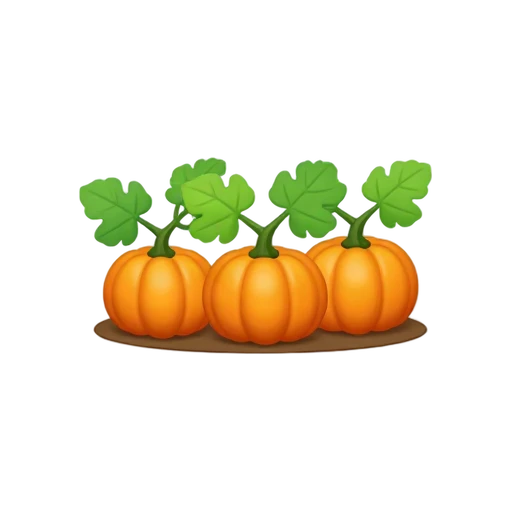 Pumpkin patch with three orange pumpkins on connected leafy vines