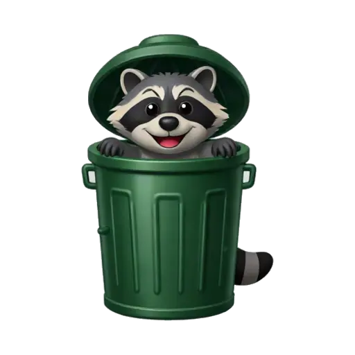 Grinning raccoon popping out of a green trash can