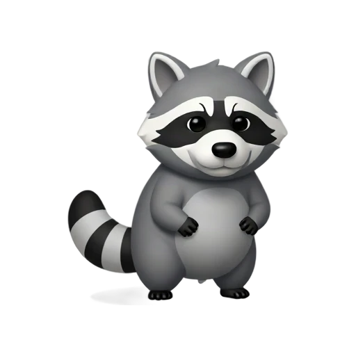 One gray raccoon standing in three-quarter view, black eye mask, ringed tail, four paws, no ground, shadow, or scenery.