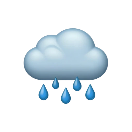 One soft blue-gray rain cloud with exactly five separate blue raindrops below, compact weather-symbol composition, no sky, ground, shadow, or scenery.