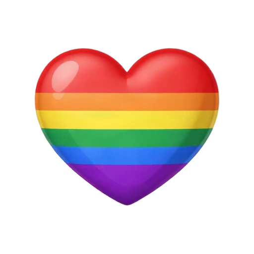 One plump heart with smooth horizontal rainbow bands from red through violet, glossy dimensional highlights, centered front view, no text, shadow, or scenery.