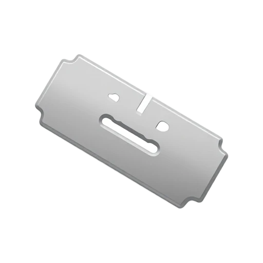 Flat silver rectangular razor blade with notched sides and a central cutout