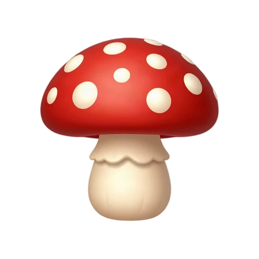 One cheerful red mushroom with a rounded red cap covered in crisp white spots, thick pale stem, compact front three-quarter view, no grass, forest, shadow, or scenery.