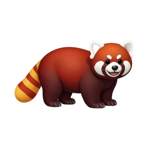 One red panda standing in three-quarter view, reddish fur, white face marks, striped tail, no ground, shadow, or scenery.