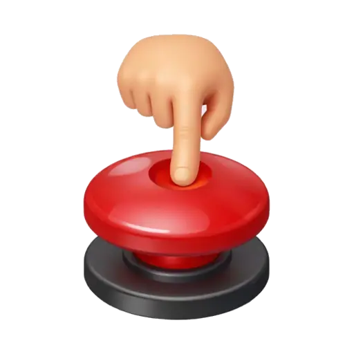 Human fingertip pressing a large red emergency button
