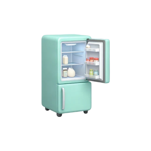 Open refrigerator glowing with cool interior light