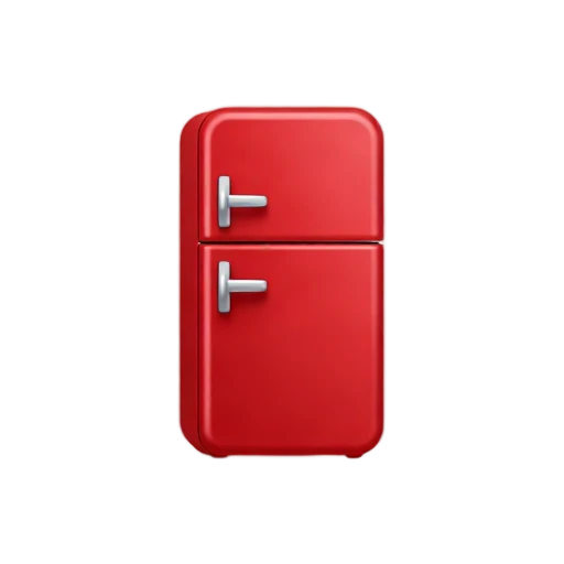 One retro red refrigerator standing upright, rounded corners, two silver handles, small upper freezer door and larger lower door, no kitchen, shadow, or scenery.