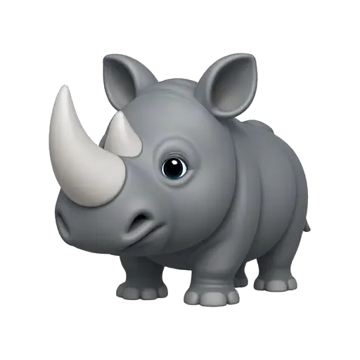 One sturdy gray rhinoceros standing in three-quarter view with one large nose horn, small ears, thick legs, no background.