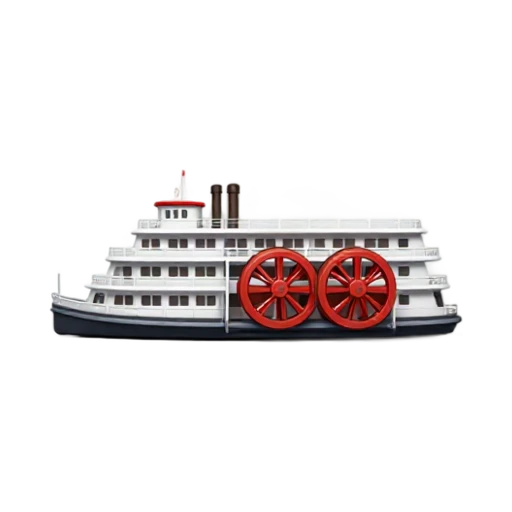 Riverboat with tiered white passenger decks and large red stern paddle wheel