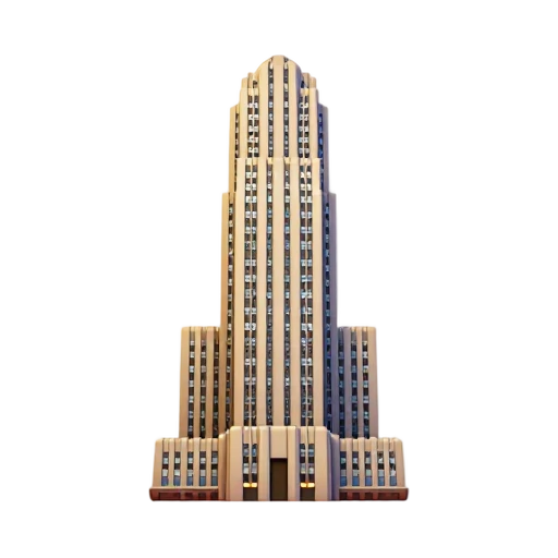 Art Deco slab tower and stepped setbacks, depicting Rockefeller Center.
