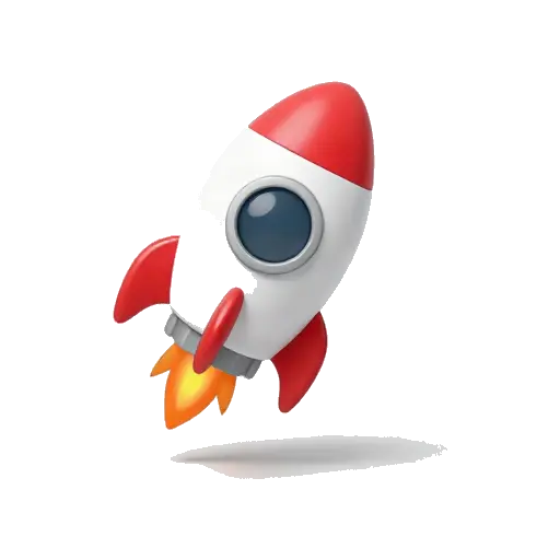 One small red-and-white rocket ship angled upward, round window, two fins, and a short orange flame, no stars or background.