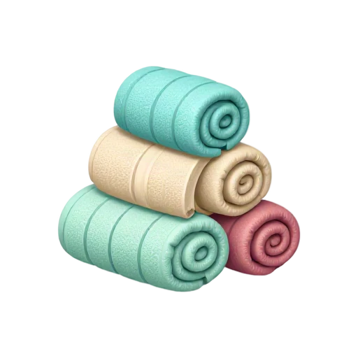 Three pastel rolled bath towels stacked neatly