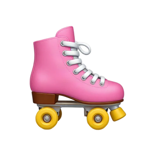 One retro pink roller skate in side three-quarter view, white laces, four small yellow wheels, high ankle boot, no foot, floor, shadow, or scenery.
