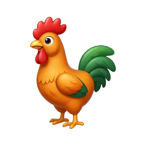 One colorful rooster standing in three-quarter view, red comb, orange feathers, green tail, no ground, shadow, or scenery.