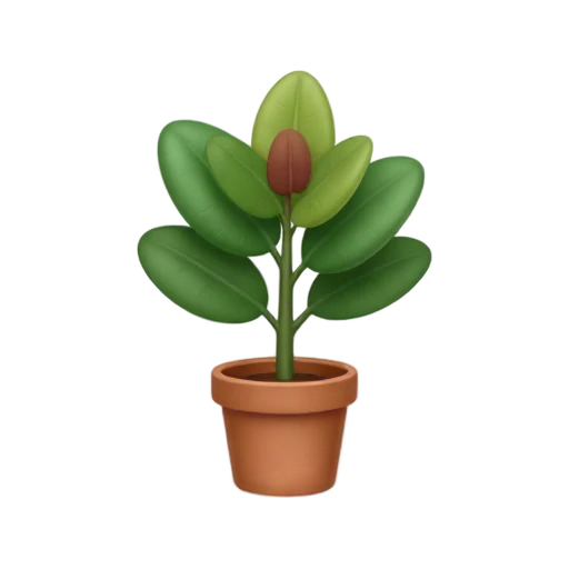 Rubber Plant with thick glossy oval leaves and one reddish new leaf sheath
