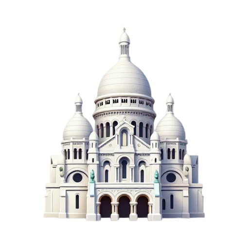 white rounded domes and arched basilica facade, depicting Sacré-Cœur Basilica.