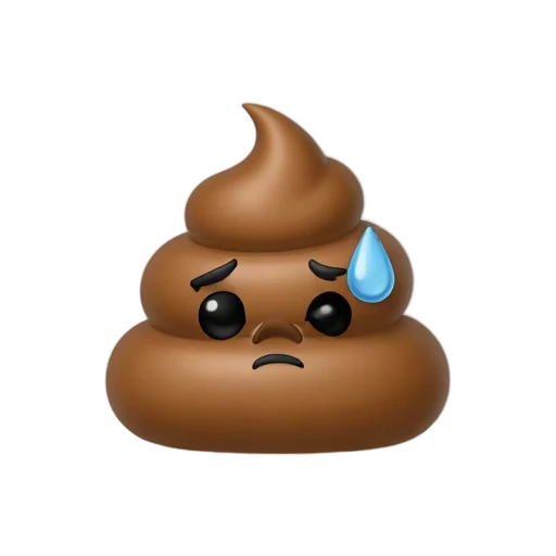 Brown poop swirl with drooping eyes and a blue tear