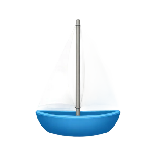 One small blue sailboat with two white sails, side three-quarter view, no water, shadow, or scenery.