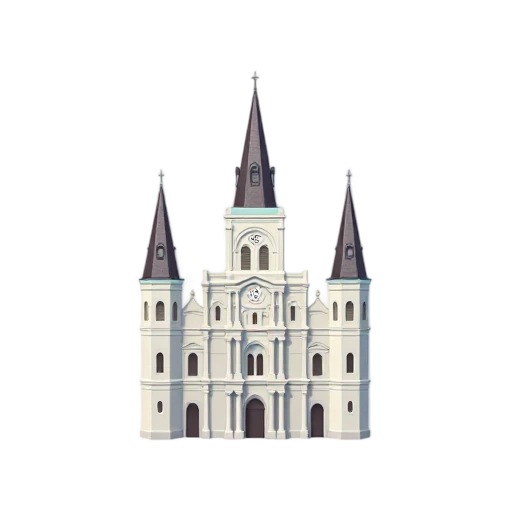 white cathedral facade and three dark spires, depicting Saint Louis Cathedral New Orleans.