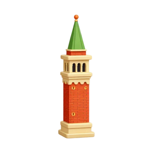 tall square brick tower and pale belfry and green spire, depicting Saint Mark's Campanile.