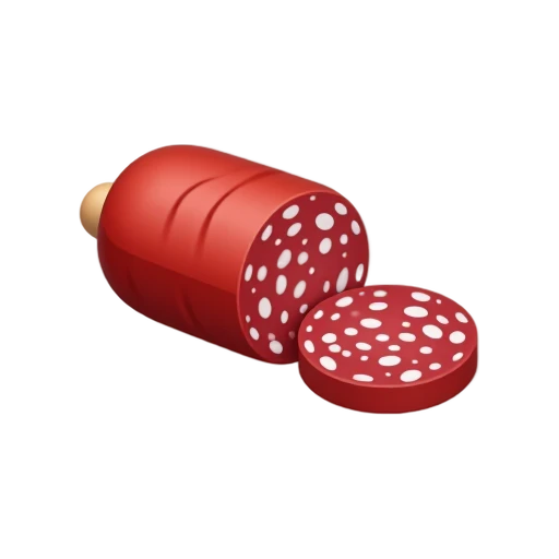 A cured salami sausage with a cut end showing speckled meat