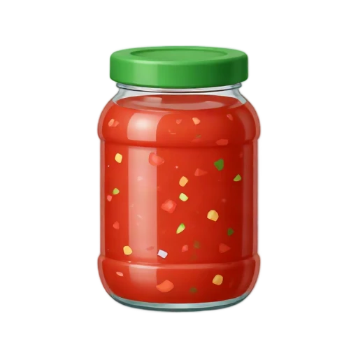 Glass jar of chunky red tomato salsa with green screw lid