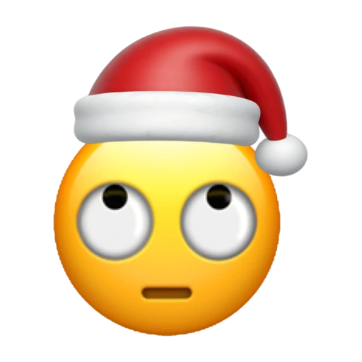 Sarcastic emoji face wearing a red Santa hat on a transparent background.
