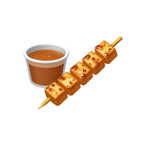 Grilled satay meat skewer beside a small cup of peanut sauce