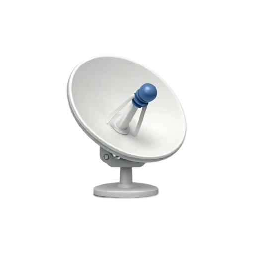 One white satellite dish tilted upward on a short stand, small blue receiver arm, no building, shadow, or scenery.