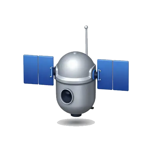 One compact silver satellite with blue rectangular solar panels on both sides, simple antenna dish, no planet or background.