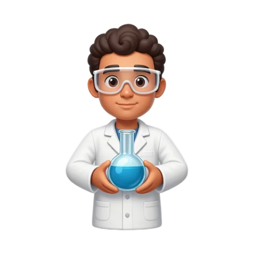 Scientist with dark curly hair holding a blue flask