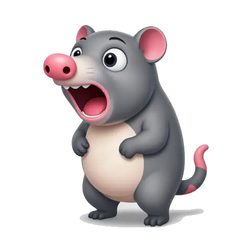 Startled gray opossum with mouth open in a scream